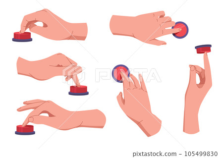 Hands pushing and pressing button set. Fingers pressing button. Turn on and off. Launch, start, control concept. Vector illustration EPS10 Hands pushing and pressing button set. Fingers pressing button. Turn on and off. Launch, start, control concept. Vector illustration EPS10 105499830