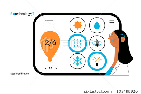 Bio Technology, Seed Modification -modern flat vector concept illustration of scientists choosing features for a seed, genetic modificated variants. Metaphor of direct impact of GMO on vegetation Bio Technology, Seed Modification -modern flat vector concept illustration of scientists choosing features for a seed, genetic modificated variants. Metaphor of direct impact of GMO on vegetation 105499920