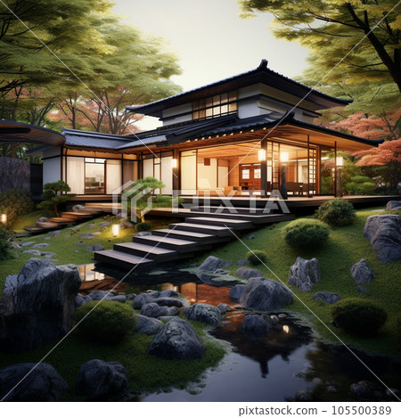 有屋頂和小花園的日本房子生成人工智能 有屋頂和小花園的日本房子生成人工智能 105500389