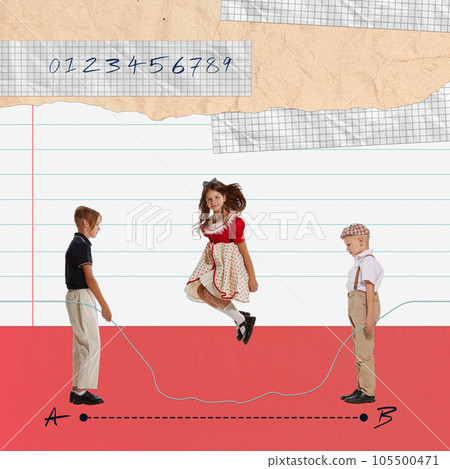 Conceptual art collage. Math lessons. Cheerful little boy and girl attending school, playing and studying. Conceptual art collage. Math lessons. Cheerful little boy and girl attending school, playing and studying. 105500471