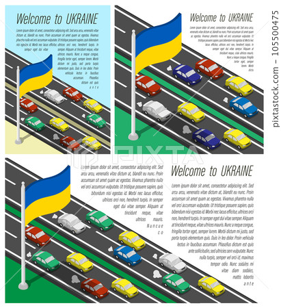 Isometric flag of Ukraine on flagpole fluttering wind. Crossing of Ukrainian country border by car travels. Set of information horizontal, square and vertical vector banner, templates for printing 105500475