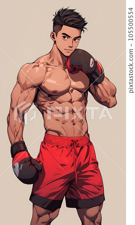 hand drawn cartoon illustration of an anime fitness muscle boy ilustração  do Stock