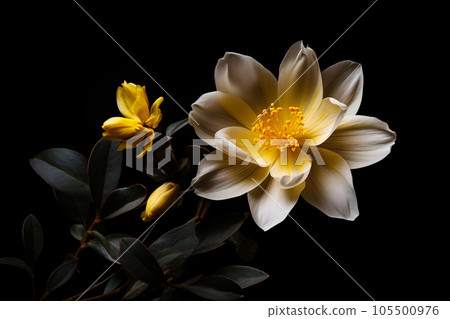 Yellow Flower on Black Background: A Studio-Shot Macro of a Zinnia 105500976