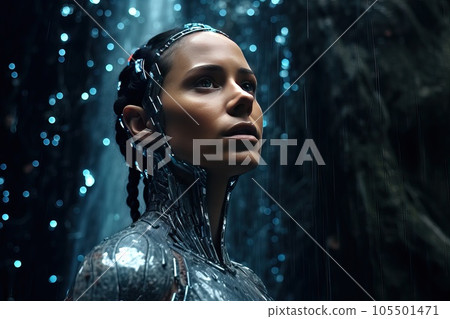 Android robot with a beautiful female face on nature background. Android robot with a beautiful female face on nature background. 105501471