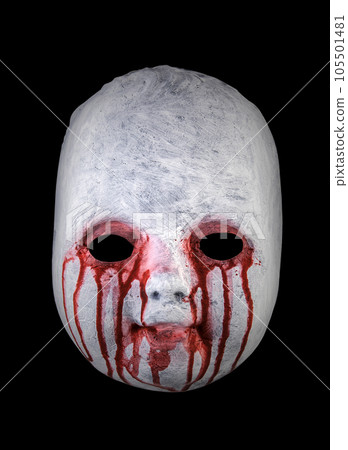 Creepy bloody doll head isolated on black background with clipping path 105501481