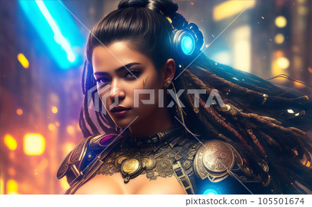 Illustration of beautiful young Cyberpunk Woman with long brown hair and cyborg elements on her body against a futuristic glowing background. Future vision design. Ai Generated fictional person. 105501674