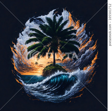 Abstract Colorful Palm Tree and Water Splashes with Island on White Background, Vibrant Color Summer Paradise Illustration for Poster, Banner, Invitation, Greeting Card or Cover. AI Generated. 105501712