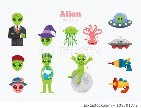 Alien flat set. Green alien element symbols and objects collection. Vector Illustration 105501772