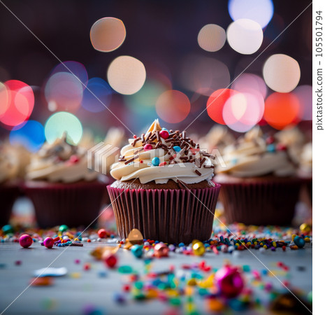 Many delicious cupcakes with sprinkles at a party. Beautiful cup cakes at a birthday celebration. AI-generated 105501794