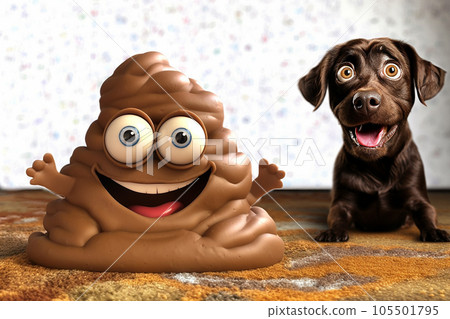Little untrained puppy left a big pile of poop on the floor at home. Smiling funny shit character next to excited naughty dog. Bad unwanted surprise concept. AI-generated Little untrained puppy left a big pile of poop on the floor at home. Smiling funny shit character next to excited naughty dog. Bad unwanted surprise concept. AI-generated 105501795