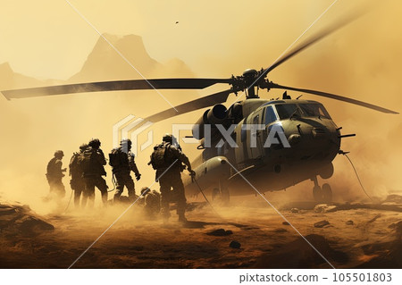 Helicopter landing in the sandy dust. Helicopter landing in the sandy dust. 105501803