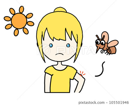 Illustration of a white woman with a frustrated face after being bitten by a mosquito Illustration of a white woman with a frustrated face after being bitten by a mosquito 105501946