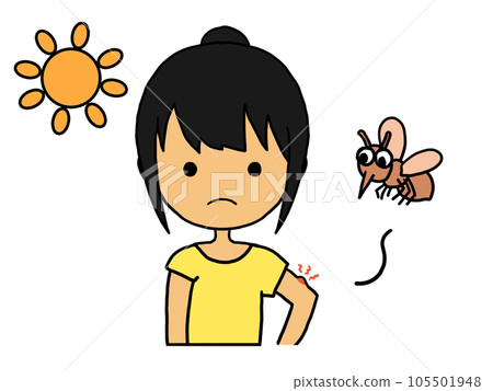 Illustration of a Japanese woman with a frustrated face after being bitten by a mosquito Illustration of a Japanese woman with a frustrated face after being bitten by a mosquito 105501948