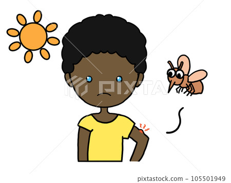 Illustration of a black man with a frustrated face after being bitten by a mosquito Illustration of a black man with a frustrated face after being bitten by a mosquito 105501949
