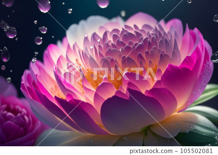 Beautiful Peonies Flower with Water Drops on Blurred Background. Nature Wallpaper with Macro Photo Shot with Close Up View for Banner, Poster, Invitation or Greeting Card. AI Generated. 105502081