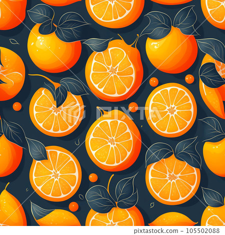 Repeated Seamless Pattern Design with Fresh Orange Fruit and Green Leaf on Dark Background. Decorative Wallpaper llustration for Print, Textile, Banner, Poster or Greeting Card. AI Generated. 105502088