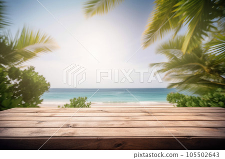 A wooden deck overlooking the calm waters of a tropical paradise, with an inviting table and chairs perfect for outdoor living. Generative AI. 105502643
