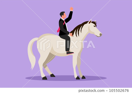 Cartoon flat style drawing of businessman riding horse symbol of success. Business metaphor, looking at the goal, achievement, leadership. Professional entrepreneur. Graphic design vector illustration 105502676