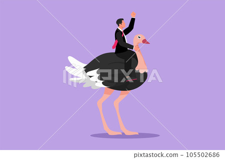 Cartoon flat style drawing businessman riding ostrich symbol of success. Business metaphor, looking at the goal, achievement, leadership. Professional entrepreneur. Graphic design vector illustration Cartoon flat style drawing businessman riding ostrich symbol of success. Business metaphor, looking at the goal, achievement, leadership. Professional entrepreneur. Graphic design vector illustration 105502686