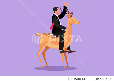 Graphic flat design drawing businessman riding deer. Investment, bullish stock market trading, rising bonds trend. Successful businessman trader. Business metaphor. Cartoon style vector illustration Graphic flat design drawing businessman riding deer. Investment, bullish stock market trading, rising bonds trend. Successful businessman trader. Business metaphor. Cartoon style vector illustration 105502688