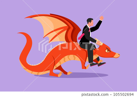 Graphic flat design drawing businessman riding dragon. Conquering adversity, courage, victory, leadership in business. Professional entrepreneur. Business metaphor. Cartoon style vector illustration Graphic flat design drawing businessman riding dragon. Conquering adversity, courage, victory, leadership in business. Professional entrepreneur. Business metaphor. Cartoon style vector illustration 105502694