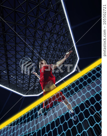 Bottom view image of young man, volleyball player in motion, in red uniform during game, match, hitting ball. 3D arena, court Bottom view image of young man, volleyball player in motion, in red uniform during game, match, hitting ball. 3D arena, court 105502721