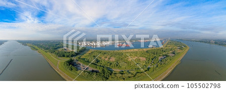 Panoramic drone picture from port Rotterdam with big transport ships Panoramic drone picture from port Rotterdam with big transport ships 105502798