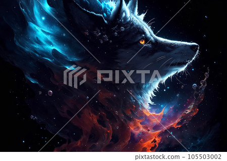 Illustration of a Wolf in Galaxy Universe with Space Nebula Background. Esoteric Horoscope and Fortune Telling Concept Design for Poster, Banner, Invitation, Greeting Card or Cover. Ai Generated. 105503002