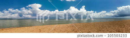 Beach on tropical island. Clear blue water, sand, clouds. Breathtaking view of ocean. Amazing vacation spot 105503233