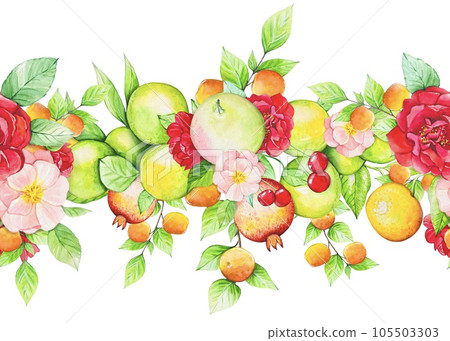 Seamless border with fruits, oranges, peaches, pomegranates, cherries, flowers. Watercolor 105503303