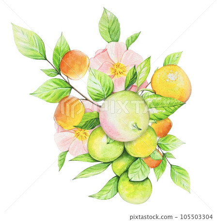 Fruit bouquet with apples, oranges, peaches, pink flowers. watercolor illustration 105503304
