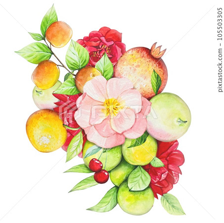 Fruit bouquet with apples, pomegranate, red roses, oranges, peaches. watercolor illustration Fruit bouquet with apples, pomegranate, red roses, oranges, peaches. watercolor illustration 105503305