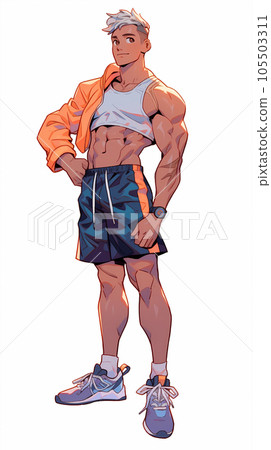 hand drawn cartoon illustration of an anime fitness muscle boy ilustração  do Stock