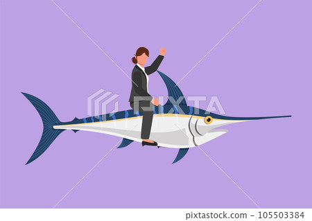 Graphic flat design drawing brave businesswoman riding huge dangerous marlin fish. Professional entrepreneur female character fight with predator. Business metaphor. Cartoon style vector illustration 105503384