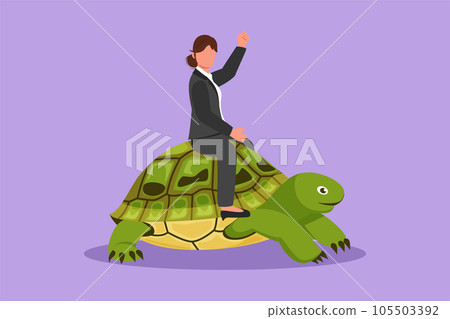 Cartoon flat style drawing cute businesswoman riding huge turtle. Slow movement to success, manager driving giant tortoise. Business metaphor or competition concept. Graphic design vector illustration Cartoon flat style drawing cute businesswoman riding huge turtle. Slow movement to success, manager driving giant tortoise. Business metaphor or competition concept. Graphic design vector illustration 105503392