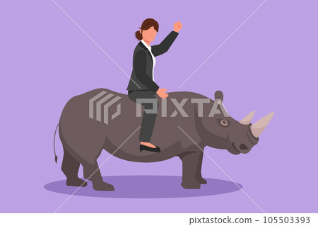 Character flat drawing of businesswoman riding rhinoceros symbol of success. Business metaphor, looking at goal, achievement, leadership. Professional entrepreneur. Cartoon design vector illustration Character flat drawing of businesswoman riding rhinoceros symbol of success. Business metaphor, looking at goal, achievement, leadership. Professional entrepreneur. Cartoon design vector illustration 105503393