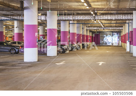 Parking in modern shopping mall, season sales, abstract background Parking in modern shopping mall, season sales, abstract background 105503506