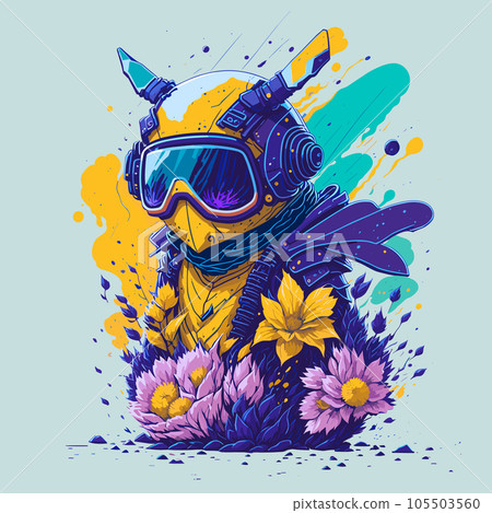 Futuristic Flying Bee with Flower and Sunglasses on Clean Background. Vintage Vector Honey Bee Painting Style Design with Floral Elements for T-Shirt, Banner, Invitation, Greeting Card or Cover. Futuristic Flying Bee with Flower and Sunglasses on Clean Background. Vintage Vector Honey Bee Painting Style Design with Floral Elements for T-Shirt, Banner, Invitation, Greeting Card or Cover. 105503560