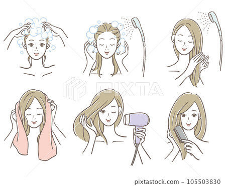 woman washing and drying her hair woman washing and drying her hair 105503830