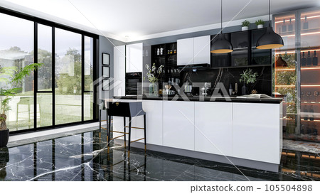 Black modern and luxury stylish kitchen room interior with kitchen island and black marble floor, 3D Rendering Black modern and luxury stylish kitchen room interior with kitchen island and black marble floor, 3D Rendering 105504898