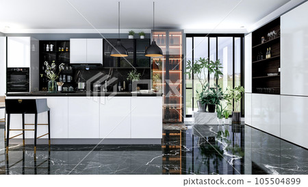 Black modern and luxury stylish kitchen room interior with kitchen island and black marble floor, 3D Rendering Black modern and luxury stylish kitchen room interior with kitchen island and black marble floor, 3D Rendering 105504899