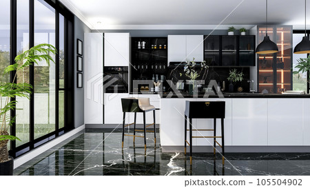 Black modern and luxury stylish kitchen room interior with kitchen island and black marble floor, 3D Rendering Black modern and luxury stylish kitchen room interior with kitchen island and black marble floor, 3D Rendering 105504902