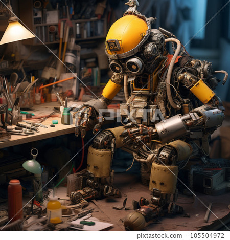 [AI-generated image] Retro robot work scene with a miniature feel 105504972