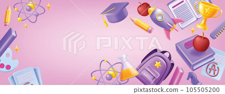 3D back to school background, stationery flying objects, kids education vector banner, backpack.  105505200