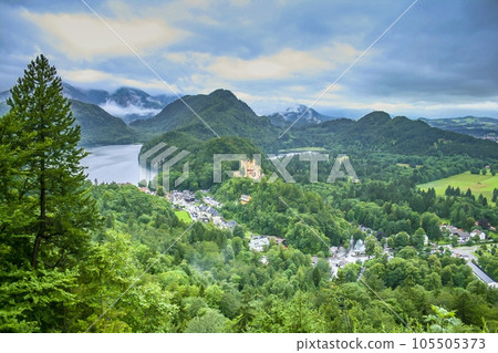 Panorama picture of Hohenschwangau castle and over Alpsee lake in Bavaria Panorama picture of Hohenschwangau castle and over Alpsee lake in Bavaria 105505373