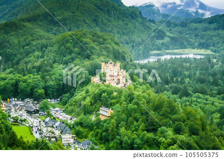 Panorama picture of Hohenschwangau castle and over Alpsee lake in Bavaria 105505375