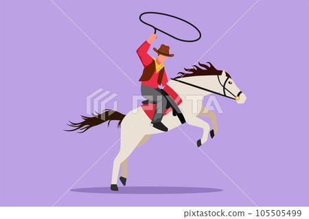 Cartoon flat style drawing brave cowboy with lasso on rearing horse. Stylized cowboy with rope lasso on horse. Happy American cowboy riding horse and throwing lasso. Graphic design vector illustration Cartoon flat style drawing brave cowboy with lasso on rearing horse. Stylized cowboy with rope lasso on horse. Happy American cowboy riding horse and throwing lasso. Graphic design vector illustration 105505499