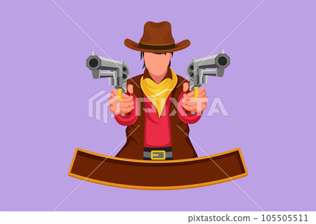 Character flat drawing stylized wild west gunslinger holding two guns. Handsome American cowboys aiming two pistols in the desert. Vintage weapons for self defense. Cartoon design vector illustration Character flat drawing stylized wild west gunslinger holding two guns. Handsome American cowboys aiming two pistols in the desert. Vintage weapons for self defense. Cartoon design vector illustration 105505511