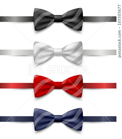 Vector 3d Realistic Striped Blue, Black, Red, White Bow Tie Icon Set Closeup Isolated. Silk Glossy Bowtie, Tie Gentleman. Mockup, Design Template. Bow tie for Man. Mens Fashion, Fathers Day Holiday Vector 3d Realistic Striped Blue, Black, Red, White Bow Tie Icon Set Closeup Isolated. Silk Glossy Bowtie, Tie Gentleman. Mockup, Design Template. Bow tie for Man. Mens Fashion, Fathers Day Holiday 105505677