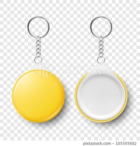 Vector 3d Realistic Blank Yellow Round Keychain with Ring and Chain for Key Isolated. Button Badge with Ring. Plastic, Metal ID Badge with Chains Key Holder, Design Template, Mockup 105505682